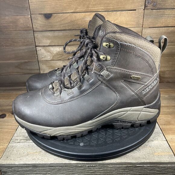 Merrell Mens Size 10 VEGO MIDLeather Waterproof Brown Hiking Lace Up Boot Shoes - Picture 3 of 10